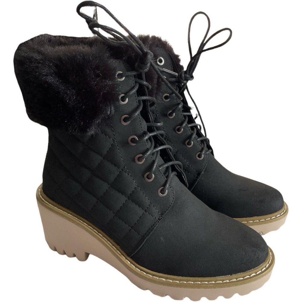 Women’s Boots NICOLE MILLER Faux Fur Cuff Wedge Bootie Black Size 6.5